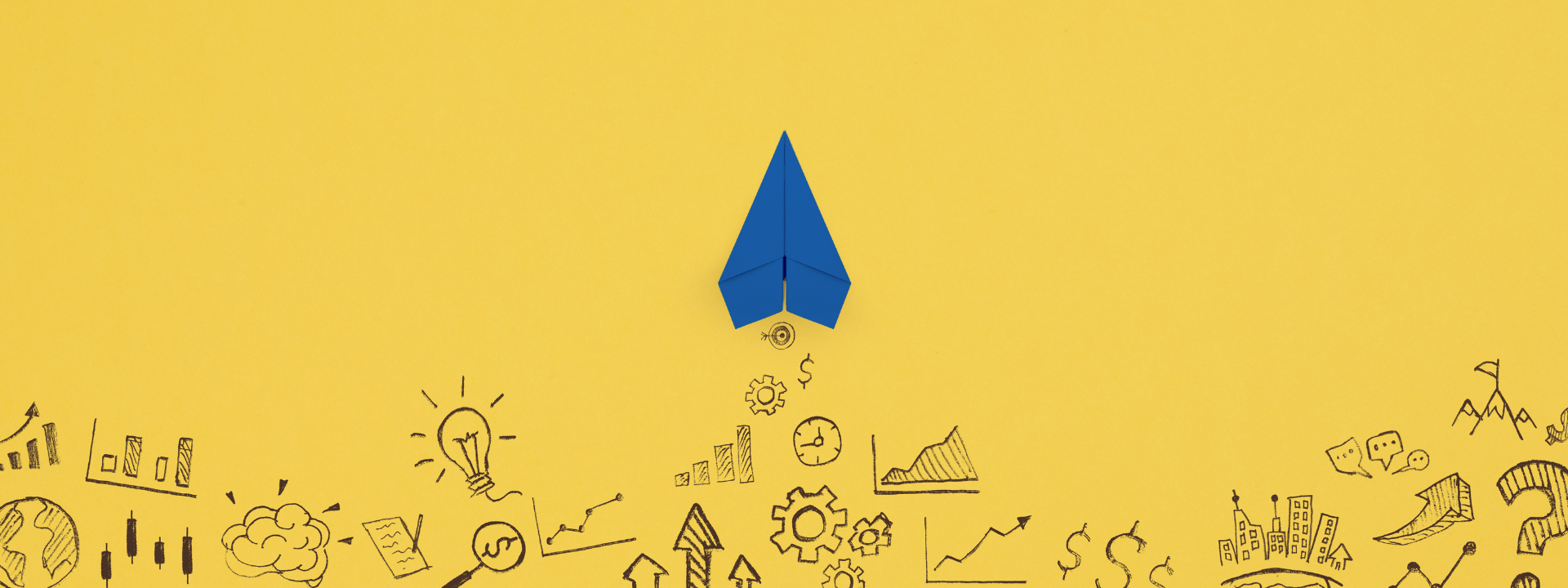 Blue paper plane on yellow background. Source Adobe Stock
